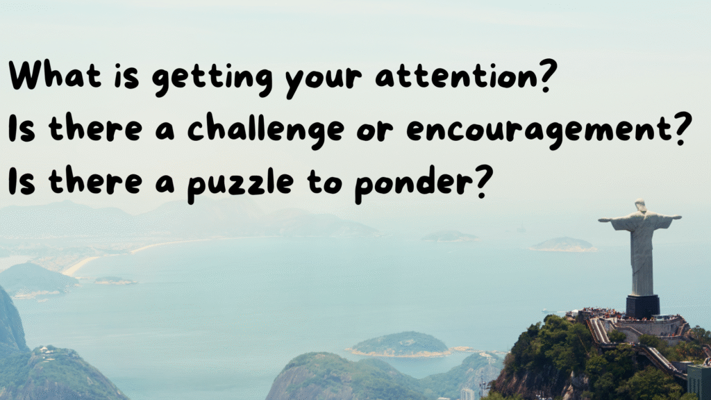 What is getting your attention? Is there a challenge of encouragement? Is there a puzzle to ponder?